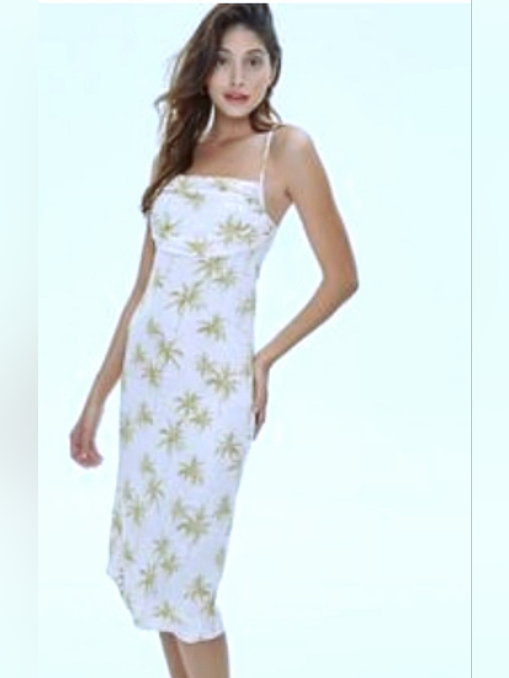 Midi Slip Dress Off White & Green Palm Print Cowl Front Stappy Keyhole Back